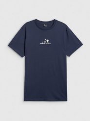4F T-shirt oversize z nadrukiem damski - granatowy M. Niebieskie t-shirty damskie 4f, m, bez wzorów, z dzianiny, bez kołnierzyka. Za 79.99 zł.