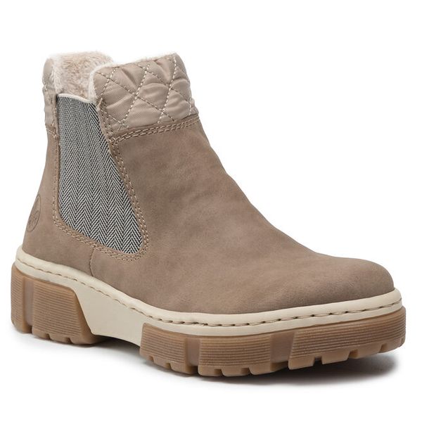 Botki Rieker. Brązowe botki damskie Rieker, bez obcasa, na płaskiej podeszwie, bez zapięcia. Za 399.99 zł.