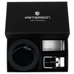 Zestaw prezentowy: dwustronny pasek skórzany w granatowym i czarnym kolorze Peterson PTN KL-B005S001 N. Czarne paski damskie Peterson, bez wzorów, ze skóry, eleganckie. Za 139.99 zł.