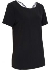 Długi shirt sportowy z wycięciem z tyłu. Czarne koszulki sportowe damskie bonprix, bez wzorów, bez kołnierzyka, bez ramiączek. Za 62.99 zł.