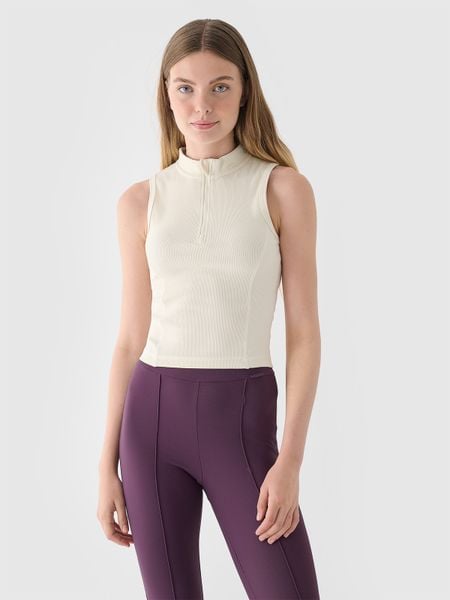 4F Top slim z prążkowanej dzianiny damski - biały XS. Białe koszulki sportowe damskie 4f, xs, bez wzorów, z bawełny, bez kołnierzyka, bez ramiączek. W wyprzedaży za 39.99 zł.