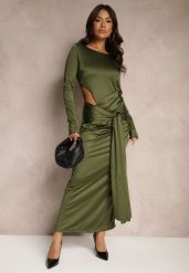 Zielona Koktajlowa Sukienka z Ozdobnym Wycięciem i Wiązaniem Vamicea. Zielone sukienki damskie Renee, m, bez wzorów, eleganckie, z asymetrycznym kołnierzem, bez ramiączek, maxi, asymetryczne. Za 139.99 zł.