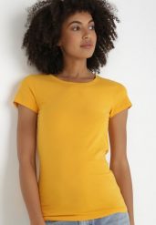 Żółty T-shirt Gathanthei. Żółte bluzki damskie Born2be, l, bez wzorów, z bawełny, klasyczne, bez kołnierzyka, bez ramiączek. Za 19.99 zł.