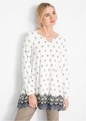 Długa tunika z dżerseju z mieszanki bawełny z wiskozą. Białe tuniki damskie bonprix, bez wzorów, z bawełny, bez kołnierzyka, bez ramiączek. Za 104.99 zł.