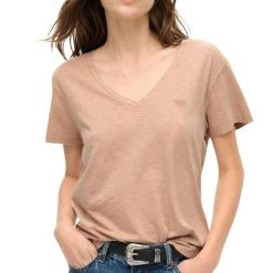 Koszulka z haftem V w slubie. Brązowe t-shirty damskie Superdry., m, bez wzorów, z bawełny, eleganckie, bez kołnierzyka. Za 114.35 zł.