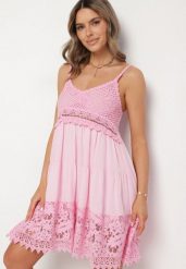 Różowa Rozkloszowana Sukienka w Haftowany Wzór Mavironne. Czerwone sukienki damskie Born2be, na imprezę, s, bez wzorów, eleganckie, bez kołnierzyka, bez ramiączek, mini, rozkloszowane. Za 109.99 zł.