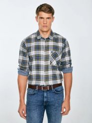 Koszula męska flanelowa w kratę niebiesko-beżowa Koner 401. Niebieskie koszule męskie Big Star, l, bez wzorów, z jeansu, klasyczne, bez kołnierzyka, bez ramiączek. Za 229.99 zł.