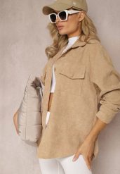 Beżowa Koszula z Guzikami ze Sztruksowego Materiału Ilwenita. Brązowe bluzki damskie Renee, l, bez wzorów, z jeansu, eleganckie, bez kołnierzyka, bez ramiączek. Za 49.99 zł.