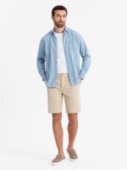 Szorty męskie ze strukturalnej dzianiny SLIM FIT – piaskowe V3 OM-SRCS-0169 - XXL. Brązowe krótkie spodenki sportowe męskie Ombre Clothing, l, bez wzorów, z bawełny. W wyprzedaży za 109.99 zł.