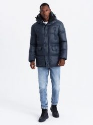 Męska długa kurtka puffer z zapinanymi kieszeniami – granatowa V3 OM-JALJ-0186 - XL. Niebieskie kurtki męskie Ombre Clothing, l, z aplikacjami, z materiału. W wyprzedaży za 249.99 zł.
