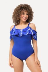 Damski Kostium kąpielowy falbana nadruk batikowy miękkie miseczki. Niebieskie kostiumy jednoczęściowe damskie Ulla Popken, plus size, bez wzorów, z elastanu, plus size, do pływania. Za 191.99 zł.