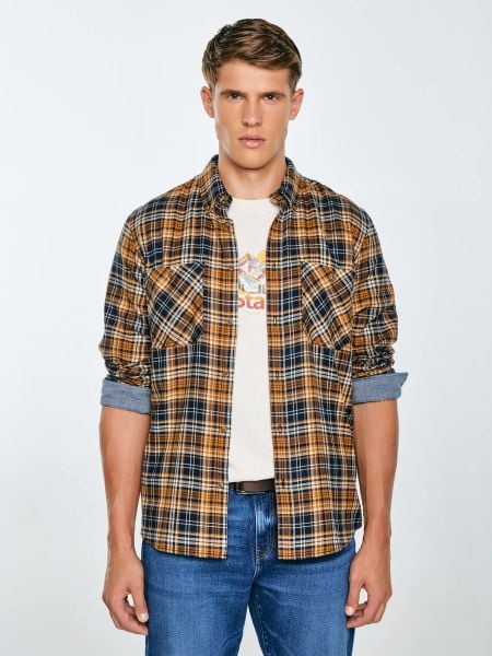 Koszula męska flanelowa w kratę granatowo-pomaraŅczowa Kolisar 403. Niebieskie koszule męskie Big Star, l, bez wzorów, z jeansu, sportowe, bez kołnierzyka, bez ramiączek. W wyprzedaży za 199.99 zł.