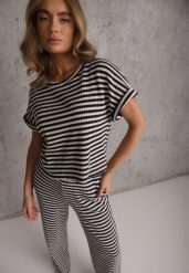 Beżowo-Granatowy Komplet z Dzianiny w Paski z Bawełną Bluzka z Krótkim Rękawem i Spodnie Akiseithe. Brązowe spodnie materiałowe dla dziewczynek Renee, bez wzorów, z bawełny. Za 179.99 zł.