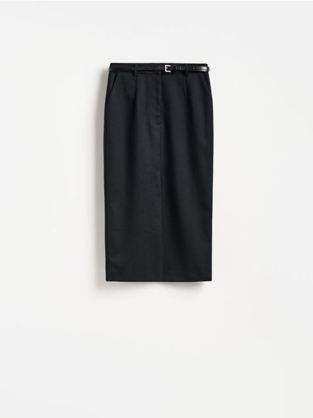 Spódnica midi z wełną - czarny. Czarne spódnice damskie Reserved, l, bez wzorów, z tkaniny, midi, dopasowane. Za 279.99 zł.