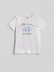 4F T-shirt regular z nadrukiem damski - biały L. Białe t-shirty damskie 4f, l, bez wzorów, z bawełny, klasyczne, bez kołnierzyka. Za 69.99 zł.