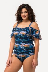 Damski Strój kąpielowy falbana miękkie miseczki ramiączka z regulacją. Niebieskie kostiumy jednoczęściowe damskie Ulla Popken, plus size, bez wzorów, z elastanu, plus size, do pływania. Za 223.99 zł.