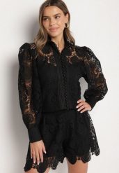 Czarny Komplet z Bawełną Koszula i Szorty Ozdobione Ażurowym Wzorem Zeralea. Czarne koszule damskie Born2be, m, z aplikacjami, z bawełny, eleganckie. Za 169.99 zł.