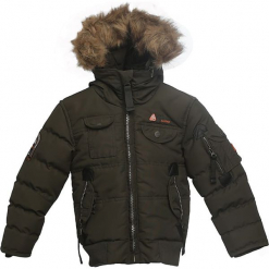 Kurtka zimowa w kolorze khaki. Brązowe kurtki i płaszcze dla chłopców marki Peak Mountain, na zimę, prążkowane. W wyprzedaży za 195.95 zł.