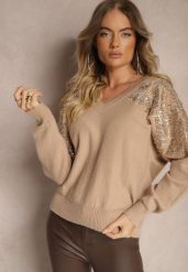 Ciemnobeżowy Sweter o Kroju Nietoperza Ozdobiony Cekinami i Cyrkoniami Nevarraea. Brązowe swetry damskie Renee, z aplikacjami, z jeansu, casualowe, bez kołnierzyka, bez ramiączek, bez kaptura. Za 119.99 zł.
