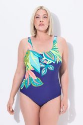 Damskie Strój kąpielowy liście bez miękkich miseczek. Niebieskie kostiumy jednoczęściowe damskie Ulla Popken, plus size, bez wzorów, z elastanu, sportowe, plus size, do pływania. Za 199.99 zł.