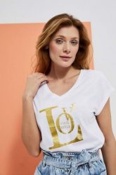 Bluzka z metalicznym nadrukiem. Białe bluzki damskie MOODO, bez wzorów, z bawełny, bez kołnierzyka, bez ramiączek. W wyprzedaży za 19.99 zł.