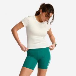 Koszulka fitness damska Domyos prążkowana. Białe t-shirty damskie DOMYOS, xl, bez wzorów, z elastanu, sportowe, bez kołnierzyka. Za 69.99 zł.