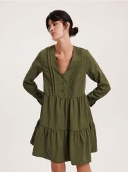 Sukienka mini z falbanami - zielony. Zielone sukienki damskie Reserved, l, bez wzorów, z lyocellu, bez kołnierzyka, bez ramiączek, mini. W wyprzedaży za 59.99 zł.