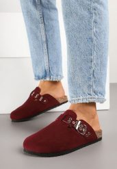 Bordowe Klapki w Typie Muli Chodaków ze Sprzączką Lanelita. Czerwone klapki damskie Renee, bez wzorów, bez obcasa, na płaskiej podeszwie. Za 69.99 zł.