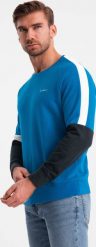 Ombre Trójkolorowa dresowa męska bluza z raglanowymi rękawami niebieska V4 OM-SSNZ-22FW-003 M. Niebieskie bluzy męskie Ombre, m, bez wzorów, z dresówki, bez kaptura. Za 169.99 zł.