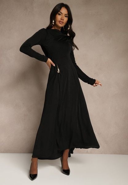 Czarna Sukienka Koktajlowa z Marszczeniem i Metaliczną Ozdobą Retanda. Czarne sukienki damskie Renee, do pracy, m, z aplikacjami, biznesowe, z asymetrycznym kołnierzem, bez ramiączek, maxi, asymetryczne. Za 149.99 zł.