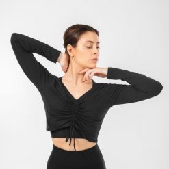 Koszulka z długim rękawem do tańca modern jazz damska Starever. Czarne koszulki sportowe damskie DOMYOS, s, bez wzorów, z elastanu, bez kołnierzyka, bez ramiączek, tańczenia. Za 69.99 zł.