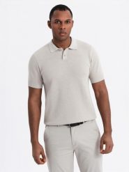 Męska bawełniana koszulka polo ze strukturalnej dzianiny – beżowa V6 OM-POSS-0117 - XXL. Brązowe koszulki polo męskie Ombre Clothing, l, bez wzorów, z bawełny, biznesowe, bez ramiączek. W wyprzedaży za 99.99 zł.