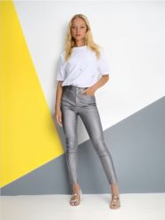 Spodnie slim fit - srebrny. Szare spodnie materiałowe damskie Sinsay, l, bez wzorów, z podwyższonym stanem. W wyprzedaży za 24.99 zł.