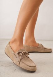 Beżowe Mokasyny VICES z Wkładką ze Skóry Naturalnej ze Sznurowaniem Nairis. Brązowe mokasyny damskie Renee, z materiału. Za 99.99 zł.