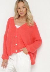 Różowy Kardigan z Dekoltem w Serek z Dzianiny z Wełną i Moherem Lismio. Czerwone kardigany damskie Born2be, bez wzorów, z dzianiny, eleganckie. Za 189.99 zł.