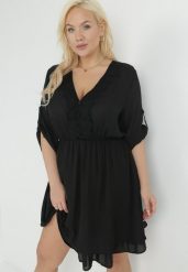 Czarna Rozkloszowana Sukienka Mini z Ozdobnym Dekoltem i Gumką w Pasie Braely. Czarne sukienki damskie Born2be, l, z aplikacjami, z gumy, eleganckie, bez kołnierzyka, bez ramiączek, mini, rozkloszowane. Za 79.99 zł.