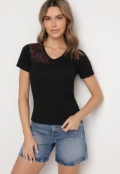 Czarny Bawełniany T-shirt z Dekoltem w Serek z Cyrkoniową Aplikacją Nirivale. Czarne bluzki damskie Born2be, l, z aplikacjami, z bawełny, eleganckie, bez kołnierzyka, bez ramiączek. Za 34.99 zł.