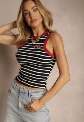 Czarny Top z Bawełny w Prążki z Ozdobnymi Serduszkami i Cyrkoniami Henlisa. Czarne t-shirty i topy dla dziewczynek Renee, z aplikacjami, z bawełny, bez ramiączek. Za 44.99 zł.