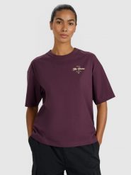 4F T-shirt oversize z nadrukiem damski - fioletowy L. Fioletowe koszulki sportowe damskie 4f, l, bez wzorów, z bawełny, bez kołnierzyka, bez ramiączek. W wyprzedaży za 39.99 zł.