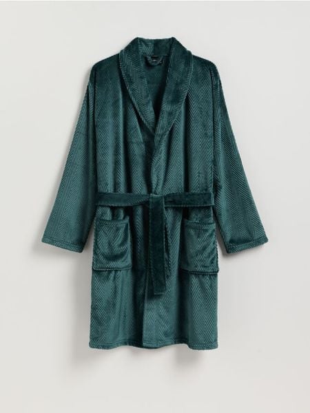 Szlafrok z paskiem - morski. Zielone szlafroki męskie Reserved, l, bez wzorów, z dzianiny, bez ramiączek, bez kaptura. Za 159.99 zł.