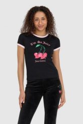 JUICY COUTURE Czarny t-shirt damski z wisienkami. Czarne t-shirty damskie Juicy Couture, s, bez wzorów, bez kołnierzyka. W wyprzedaży za 259.99 zł.