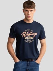 Koszulka męska z nadrukiem granatowa Jaman 403. Niebieskie t-shirty męskie Big Star, l, bez wzorów, z bawełny, klasyczne, bez kołnierzyka. W wyprzedaży za 39.99 zł.