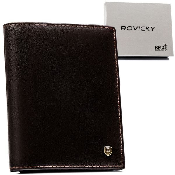 Brązowy kompaktowy portfel męski z RFID - Rovicky. Brązowe portfele męskie ROVICKY, bez wzorów, ze skóry. Za 43.99 zł.