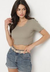 Ciemnozielony Prążkowany T-shirt z Bawełną Adlesa. Zielone bluzki damskie Born2be, l, bez wzorów, z bawełny, bez kołnierzyka. Za 39.99 zł.