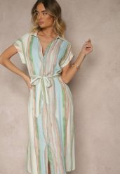 Niebiesko-Beżowa Wiskozowa Sukienka Koszulowa z Wiązanym Paskiem Iffema. Niebieskie sukienki damskie Renee, na co dzień, na lato, l, z aplikacjami, z wiskozy, eleganckie, bez kołnierzyka, bez ramiączek, midi, koszulowe. Za 89.99 zł.