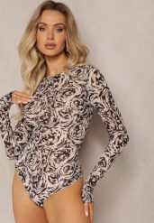 Czarno-Beżowe Body Ozdobione Kwiatami w Abstrakcyjnym Stylu Hlevina. Czarne bluzki damskie Renee, l, bez wzorów, z dzianiny, bez kołnierzyka, bez ramiączek. Za 74.99 zł.