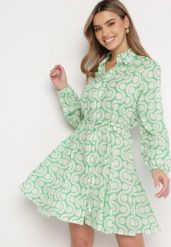 Zielono-Beżowa Bawełniana Sukienka Mini w Geometryczny Wzór Frenia. Zielone sukienki damskie Born2be, l, bez wzorów, z bawełny, eleganckie, bez kołnierzyka, bez ramiączek, mini, koszulowe. Za 59.99 zł.