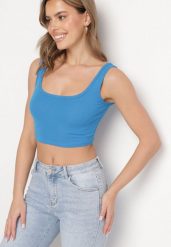 Niebieski Top z Bawełny o Krótkim Kroju Nusoviel. Niebieskie bluzki damskie Born2be, l, z aplikacjami, z bawełny, bez kołnierzyka, bez ramiączek. Za 19.99 zł.