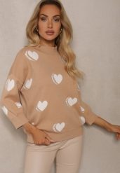 Ciemnobeżowy Sweter z Wiskozą i Modalem Ozdobiony Sercami Zeanisia. Brązowe swetry damskie Renee, m, bez wzorów, z jeansu, casualowe, bez kołnierzyka, bez ramiączek, długie, bez kaptura. Za 99.99 zł.