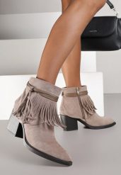 Beżowe Botki Kowbojki na Stożku Ozdobione Frędzlami Umvila. Brązowe botki damskie Renee, z jeansu, boho, bez obcasa, na obcasie, bez zapięcia. Za 169.99 zł.
